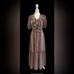 Moon River. Red / maroon/ cream paisley midi dress with ruffled v-neck. Size S.